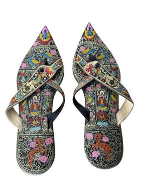 Hand Painted Leather Pointed Traditional Indian Desi Flat Juttis Sandals Thong 6